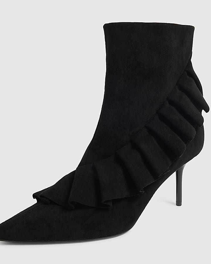 Black Faux Suede Ruffle Side Boots