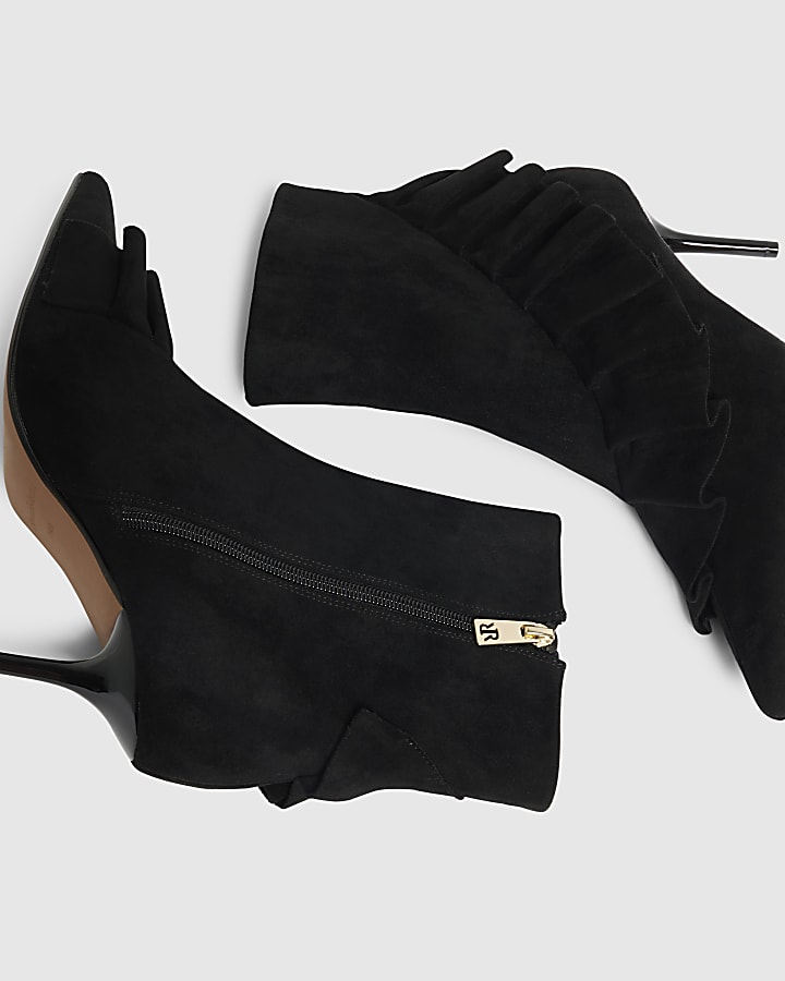Black Faux Suede Ruffle Side Boots