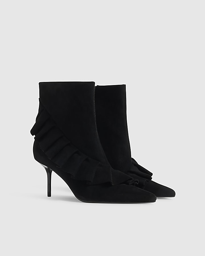 Black Faux Suede Ruffle Side Boots