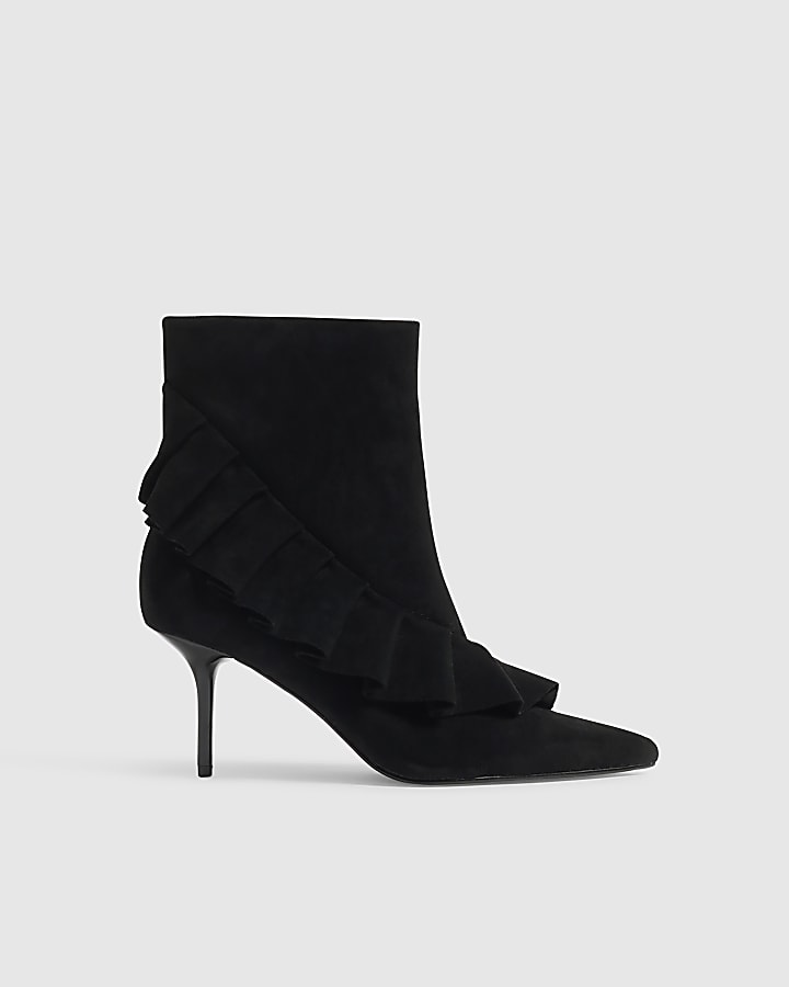Black Faux Suede Ruffle Side Boots