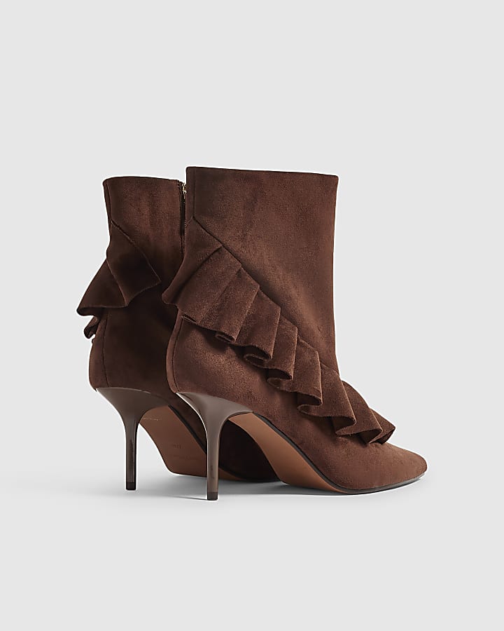 Brown Faux Suede Ruffle Side Boots