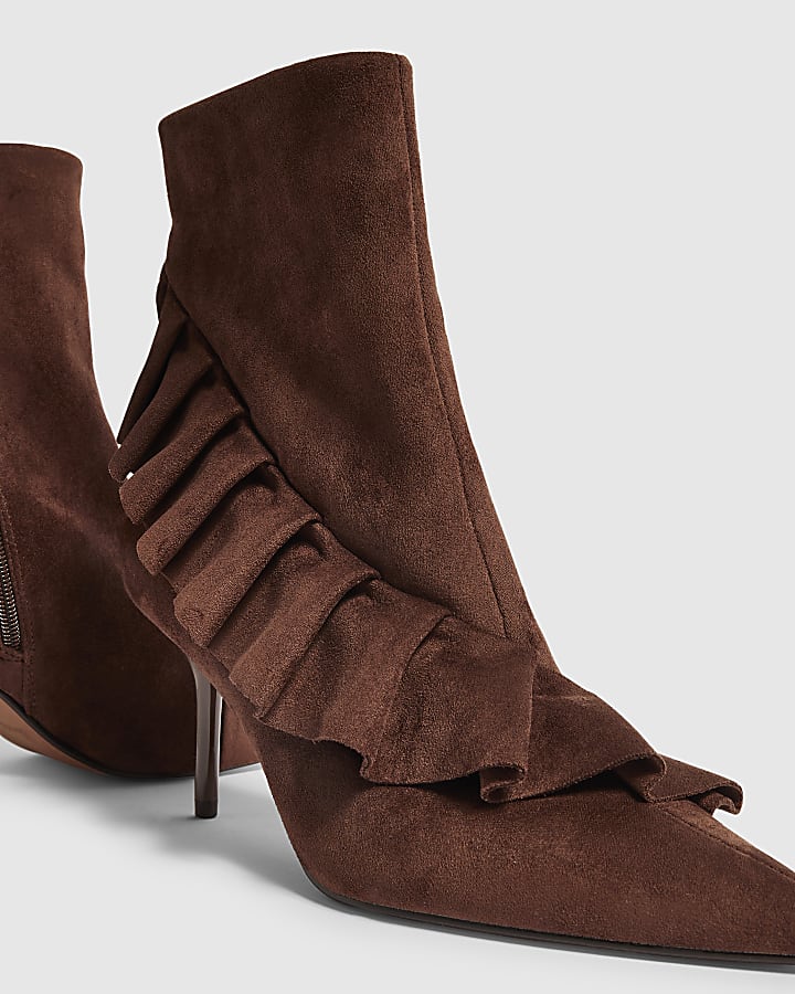 Brown Faux Suede Ruffle Side Boots
