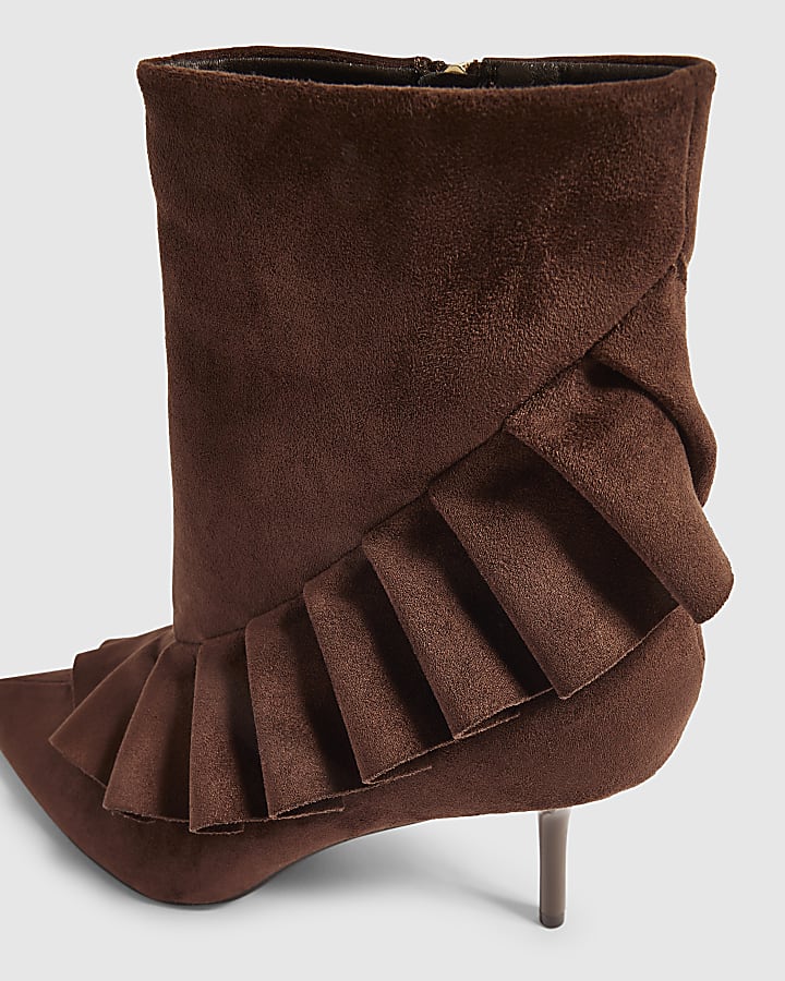 Brown Faux Suede Ruffle Side Boots