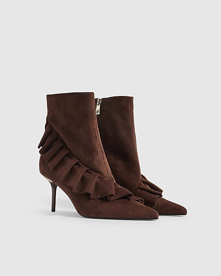 Brown Faux Suede Ruffle Side Boots