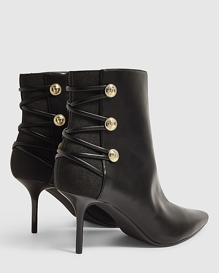 Black Faux Leather Lion Button Tie Up Boots