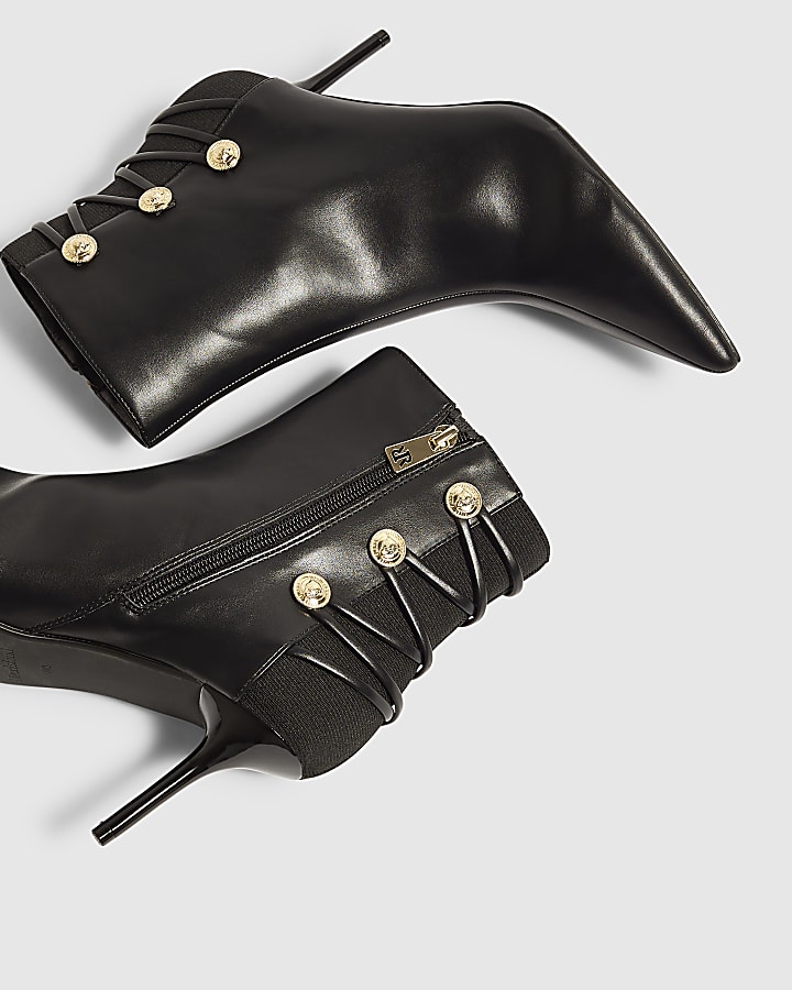 Black Faux Leather Lion Button Tie Up Boots