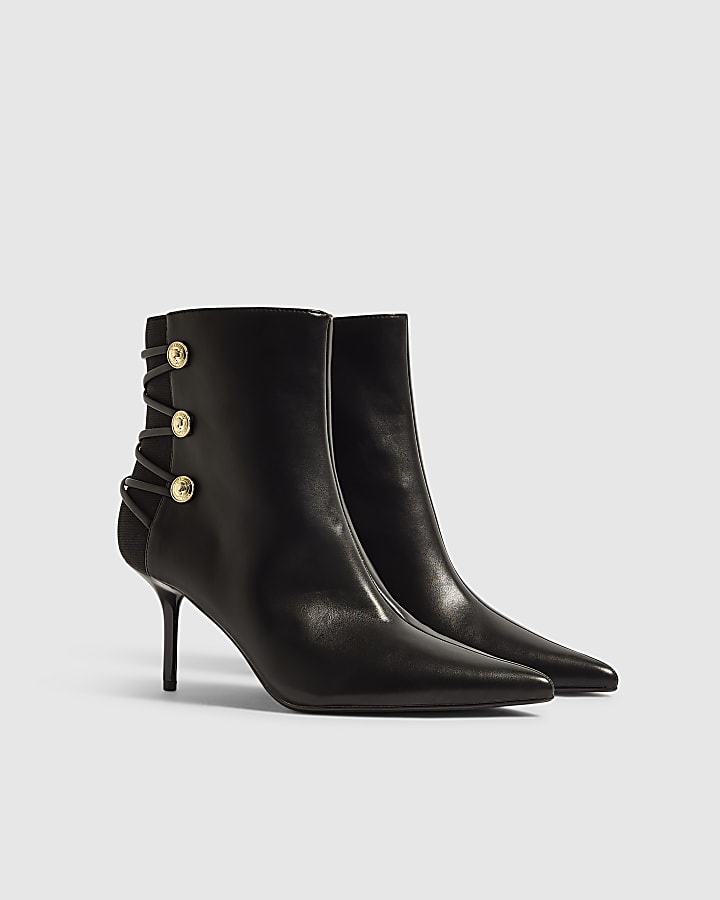 Black Faux Leather Lion Button Tie Up Boots