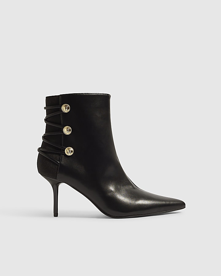 Black Faux Leather Lion Button Tie Up Boots
