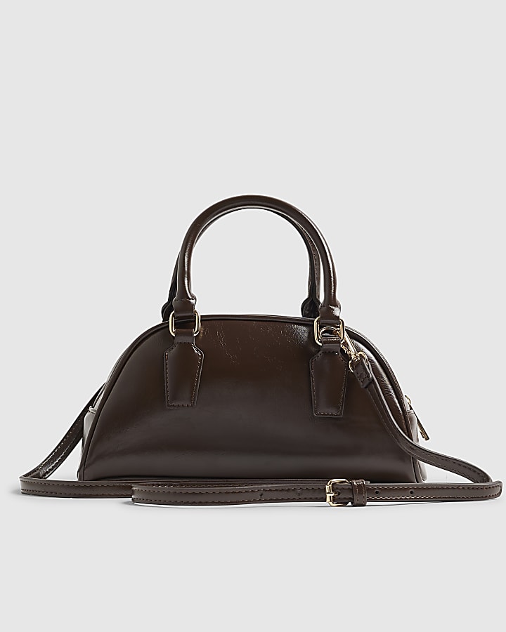 Brown Curved Charm Bowler Bag