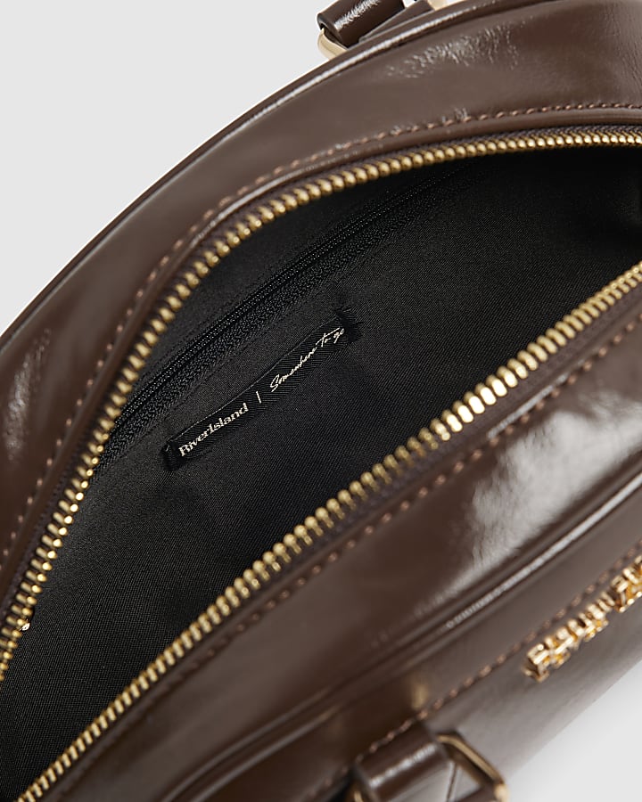 Brown Curved Charm Bowler Bag