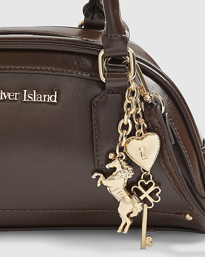 Brown Curved Charm Bowler Bag