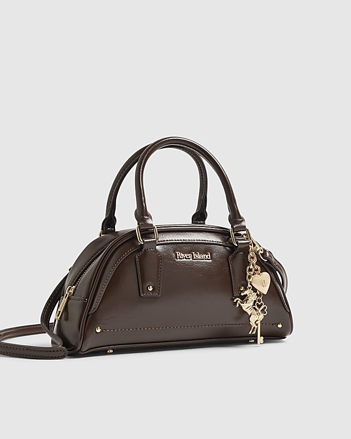 Brown Curved Charm Bowler Bag