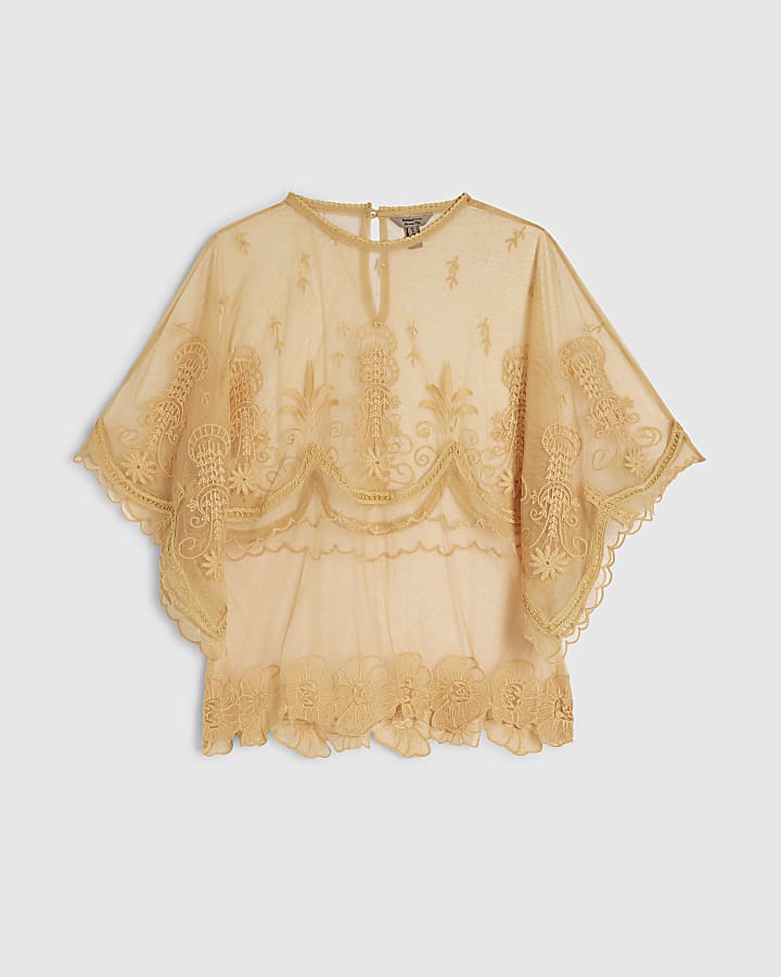 Orange Embroidered Scallop Hem Top