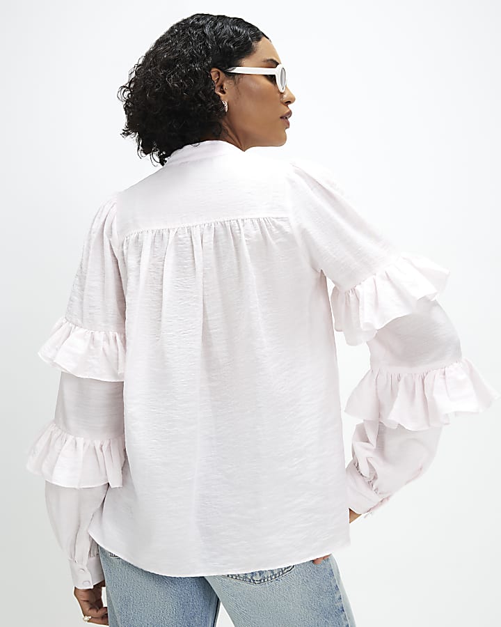 Pink Long Sleeve Ruffle Blouse