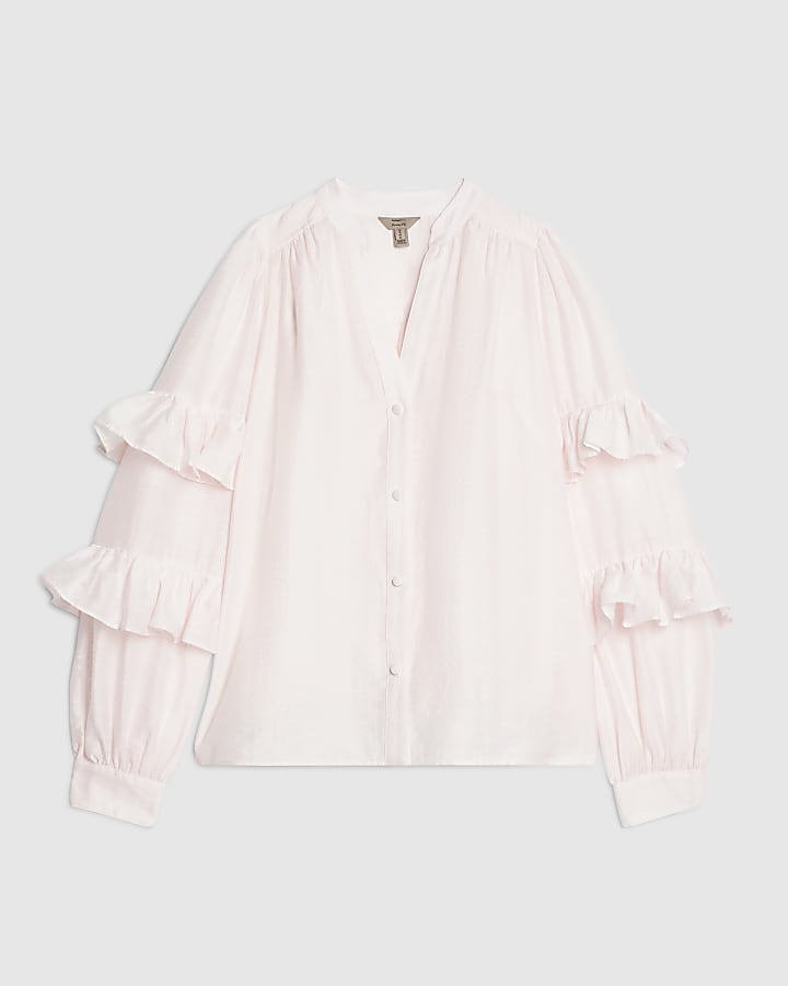 Pink Long Sleeve Ruffle Blouse