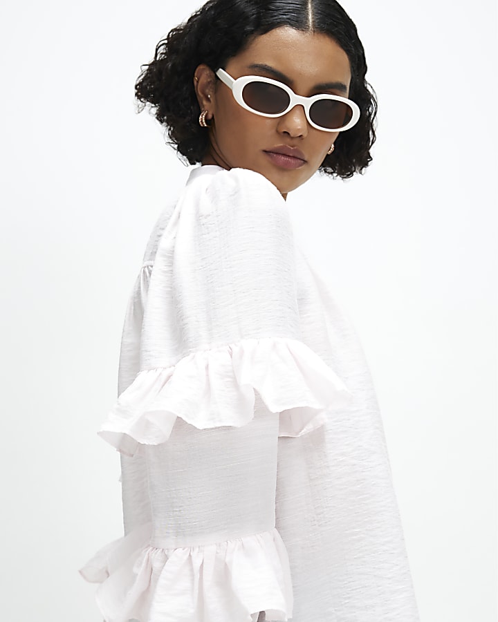 Pink Long Sleeve Ruffle Blouse