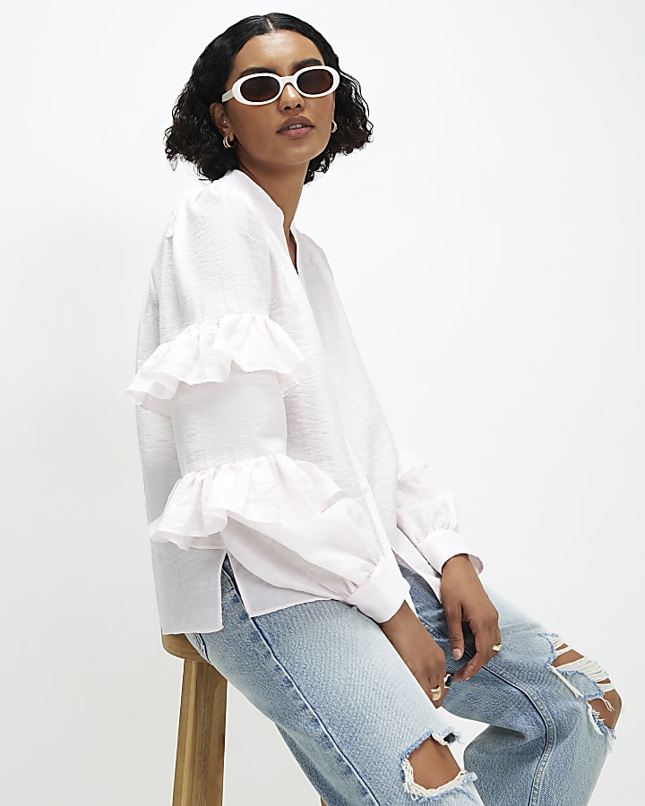 Pink Long Sleeve Ruffle Blouse
