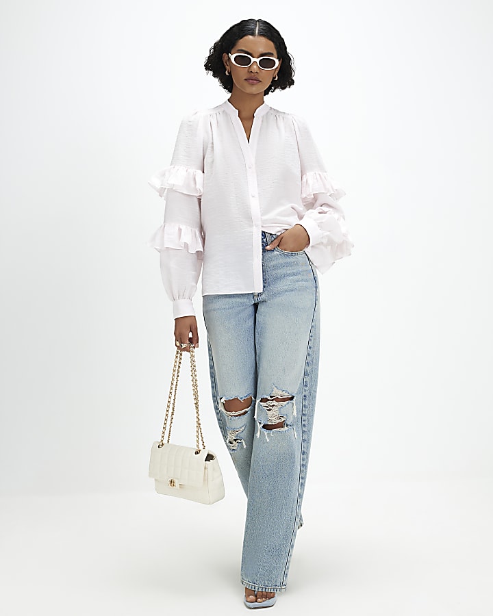Pink Long Sleeve Ruffle Blouse