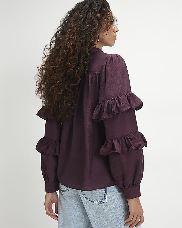 Burgundy Long Sleeve Ruffle Blouse