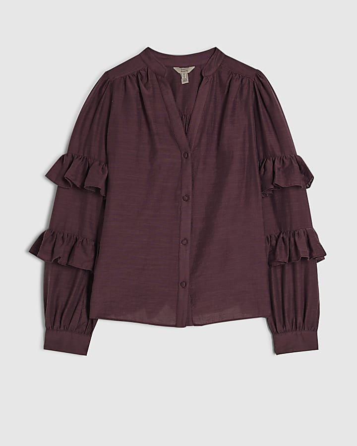Burgundy Long Sleeve Ruffle Blouse