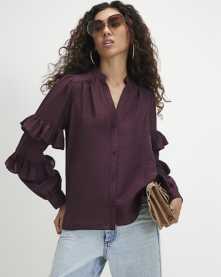 Burgundy Long Sleeve Ruffle Blouse