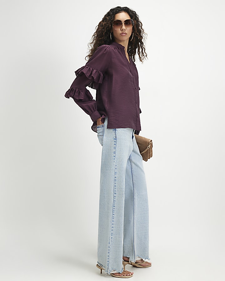 Burgundy Long Sleeve Ruffle Blouse