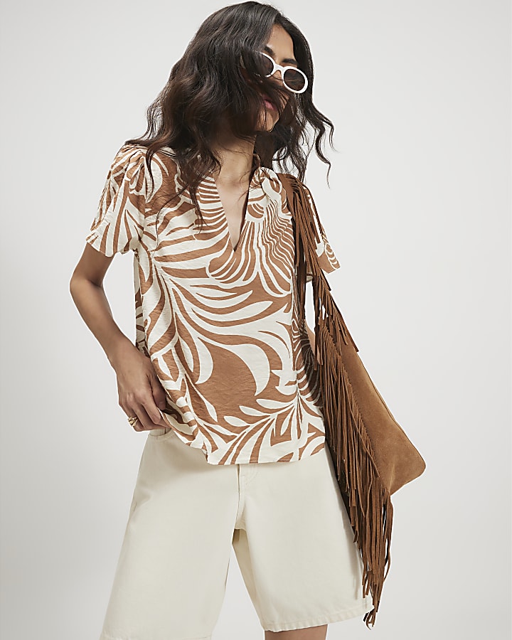 Beige Short Sleeve Printed Blouse