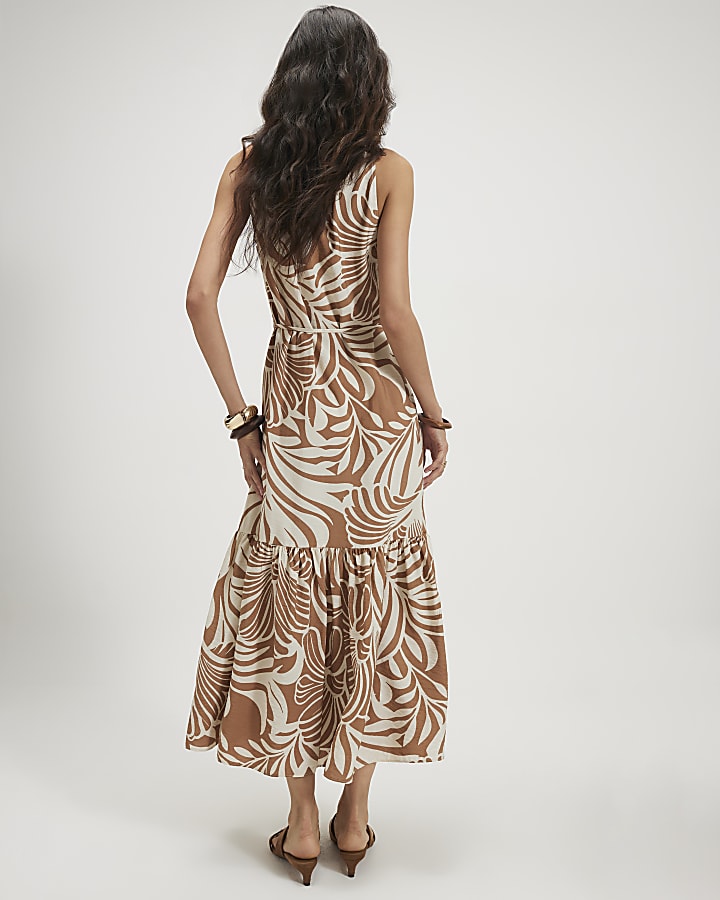 Beige Printed Peplum Hem Maxi Dress