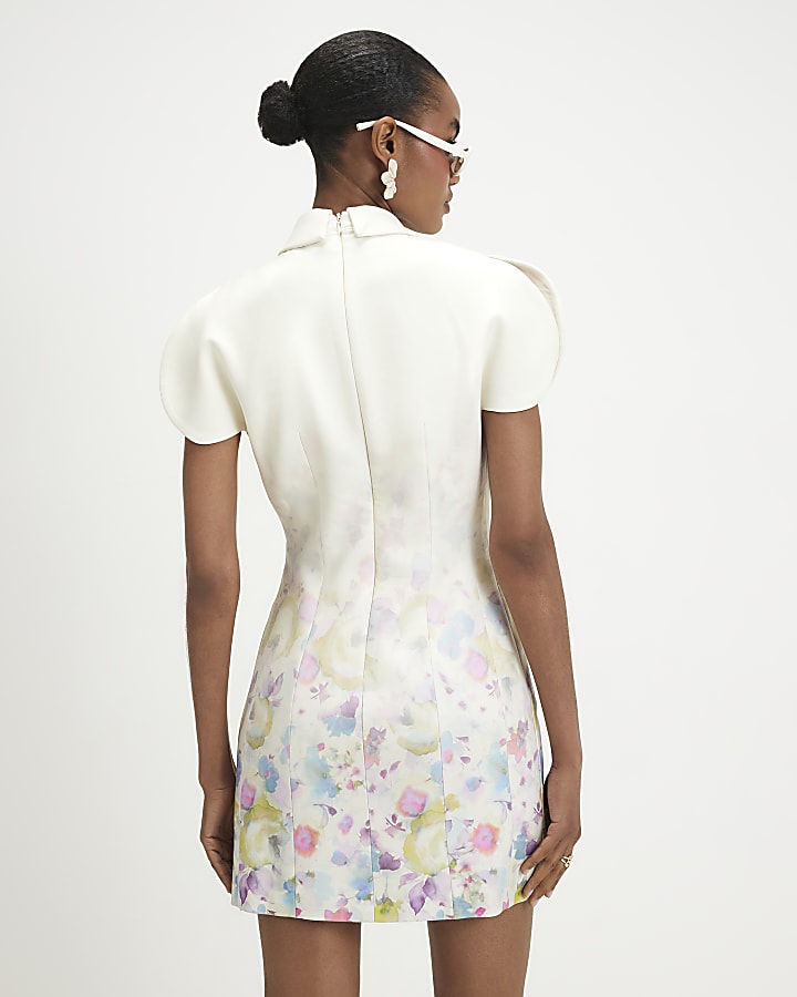 Cream Split Sleeve Floral Mini Dress