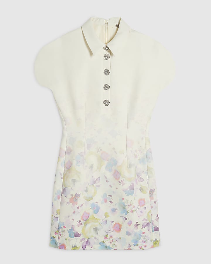 Cream Split Sleeve Floral Mini Dress