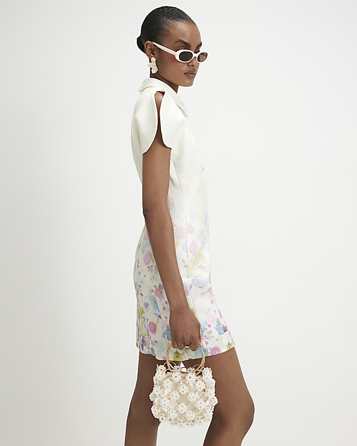 Cream Split Sleeve Floral Mini Dress