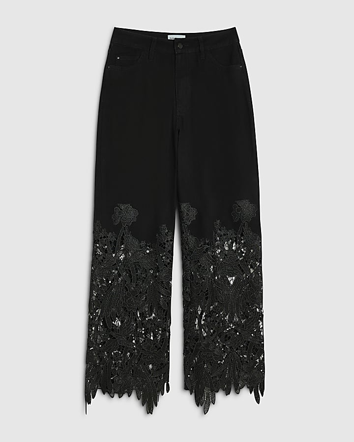Black High Rise Relaxed Straight Lace Jeans