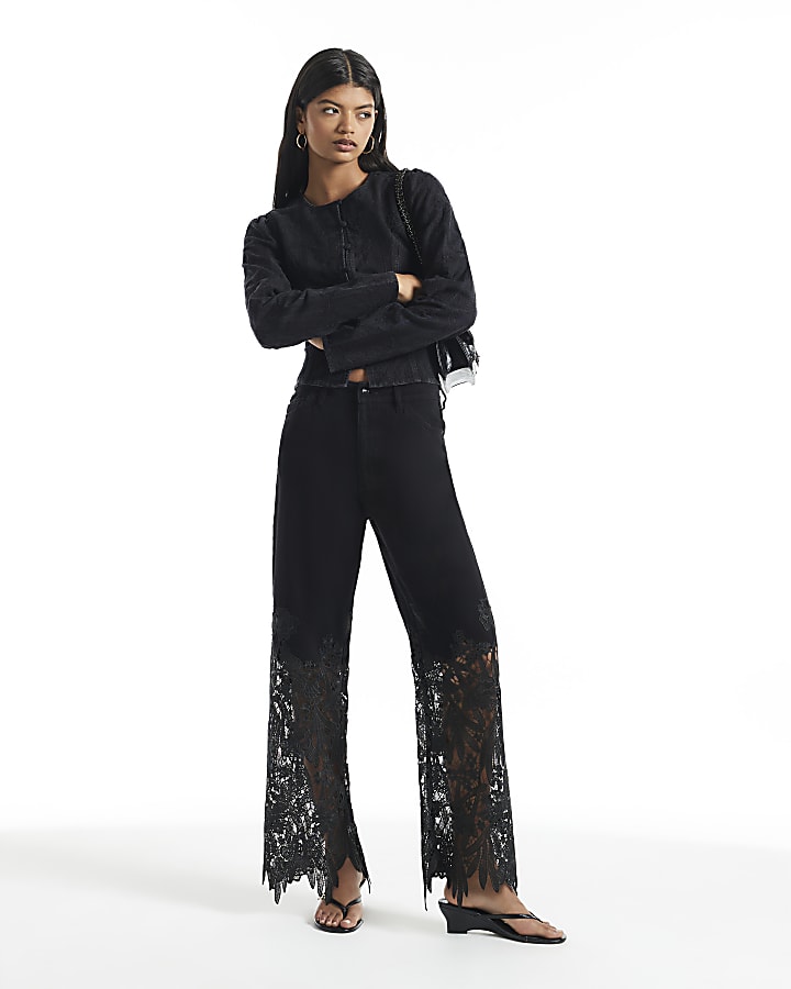 Black High Rise Relaxed Straight Lace Jeans
