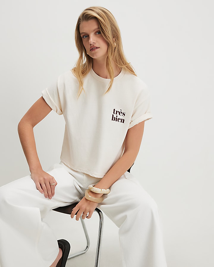 Cream Cotton Tres Bien Boxy T-Shirt