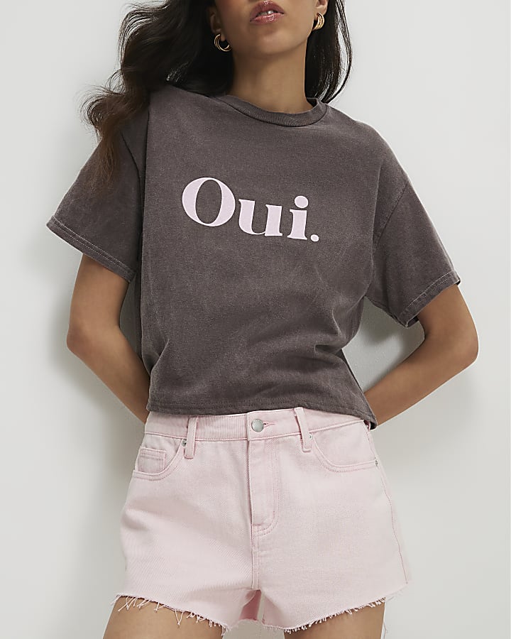 Brown Cotton Oui Boxy T-Shirt