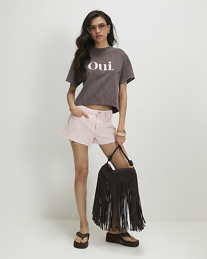 Brown Cotton Oui Boxy T-Shirt