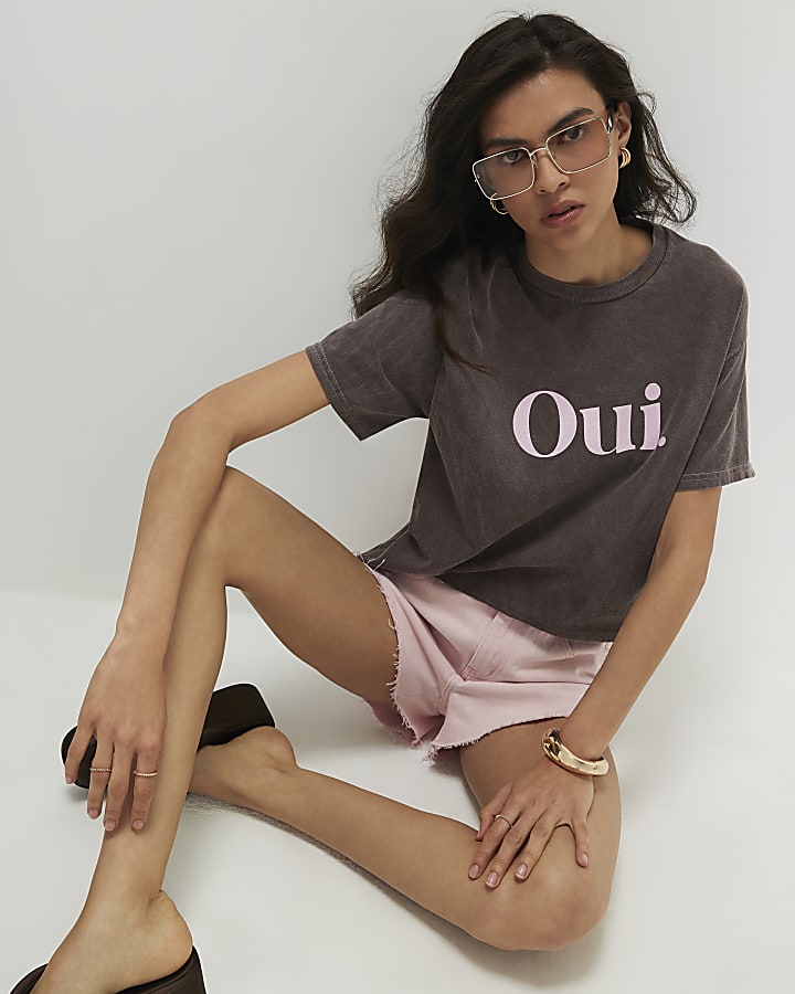 Brown Cotton Oui Boxy T-Shirt