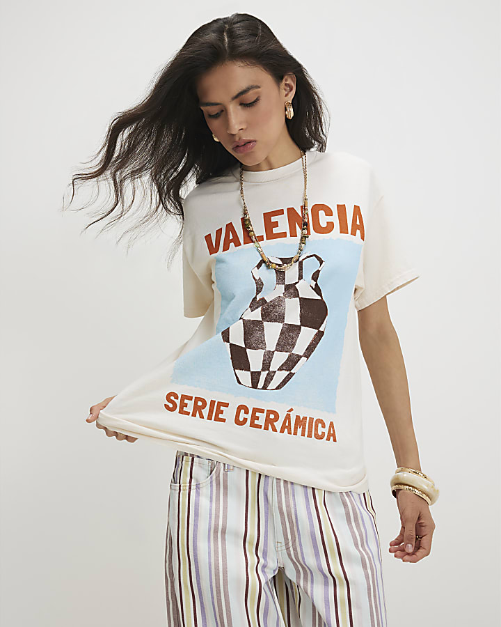 Cream Cotton Valencia Boyfriend Fit T-Shirt