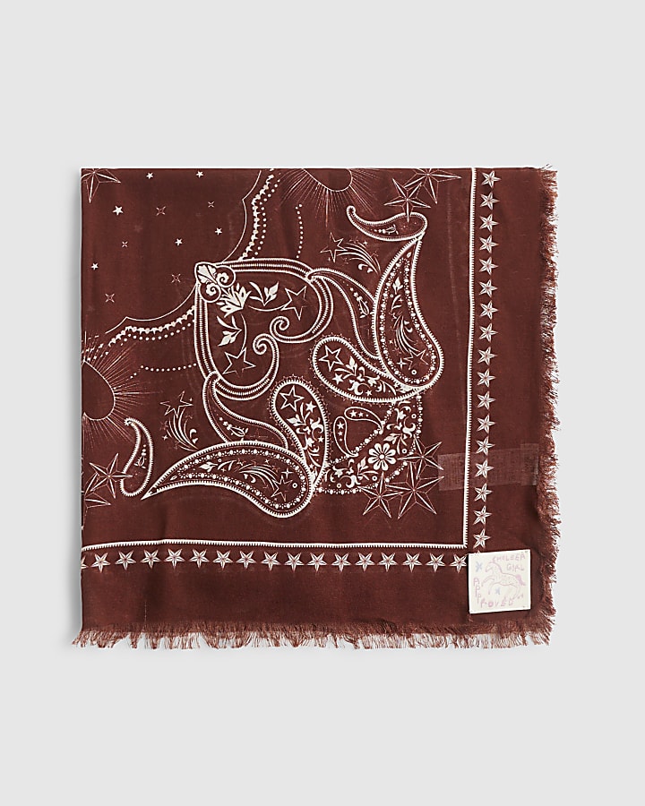Burgundy Bandana Print Fringe Scarf