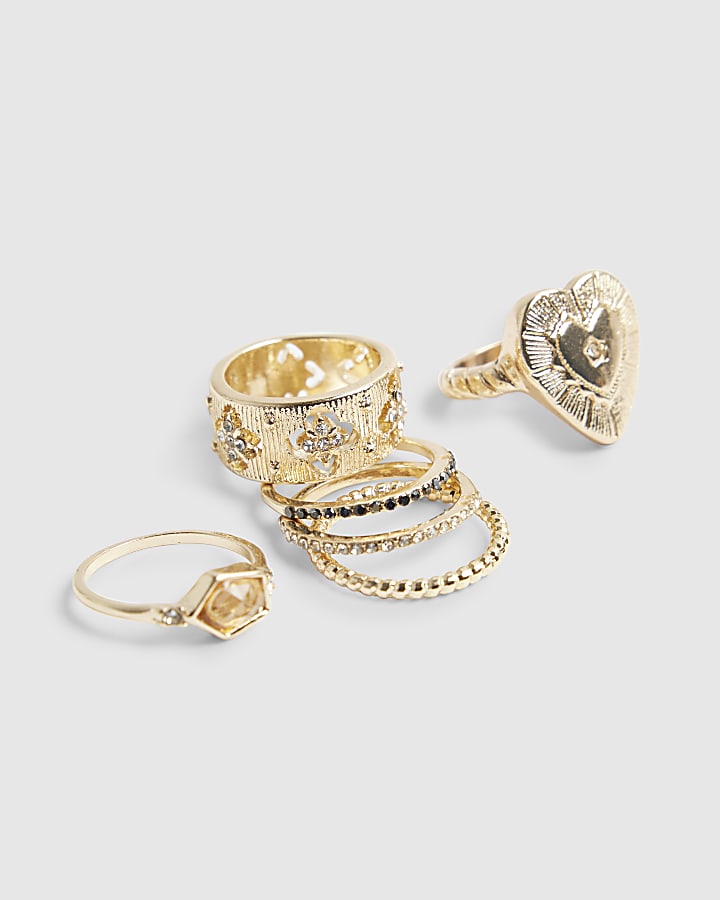 Gold Heart And Rhinestone Ring Pack