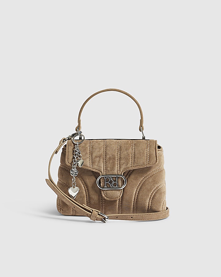 Beige Quilted Top Handle Crossbody Bag