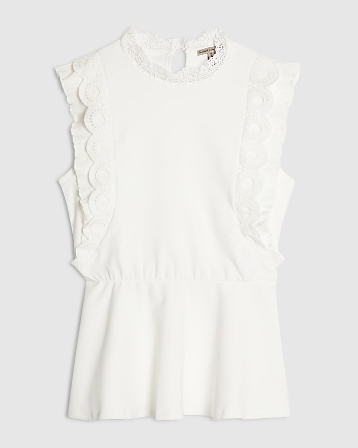 White Crochet Trimmed Peplum Hem Top