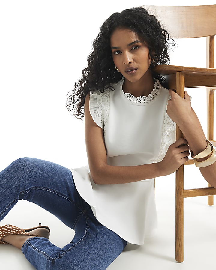White Crochet Trimmed Peplum Hem Top
