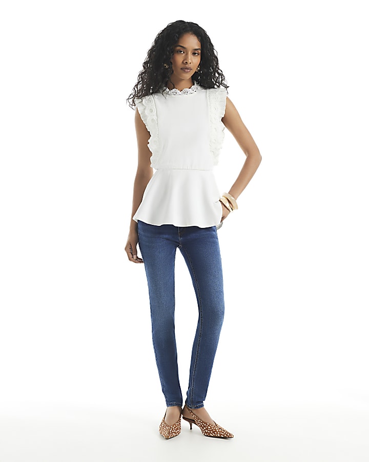 White Crochet Trimmed Peplum Hem Top