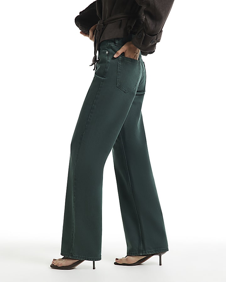 Green High Waist Relaxed Straight Jeans