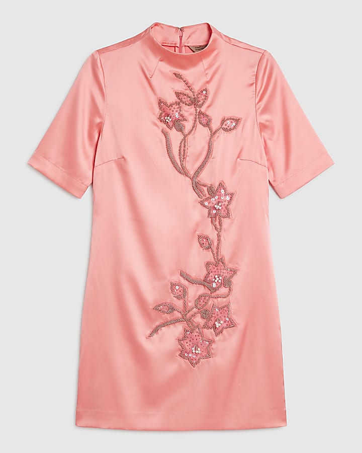 Pink Embellished Satin Mini Dress