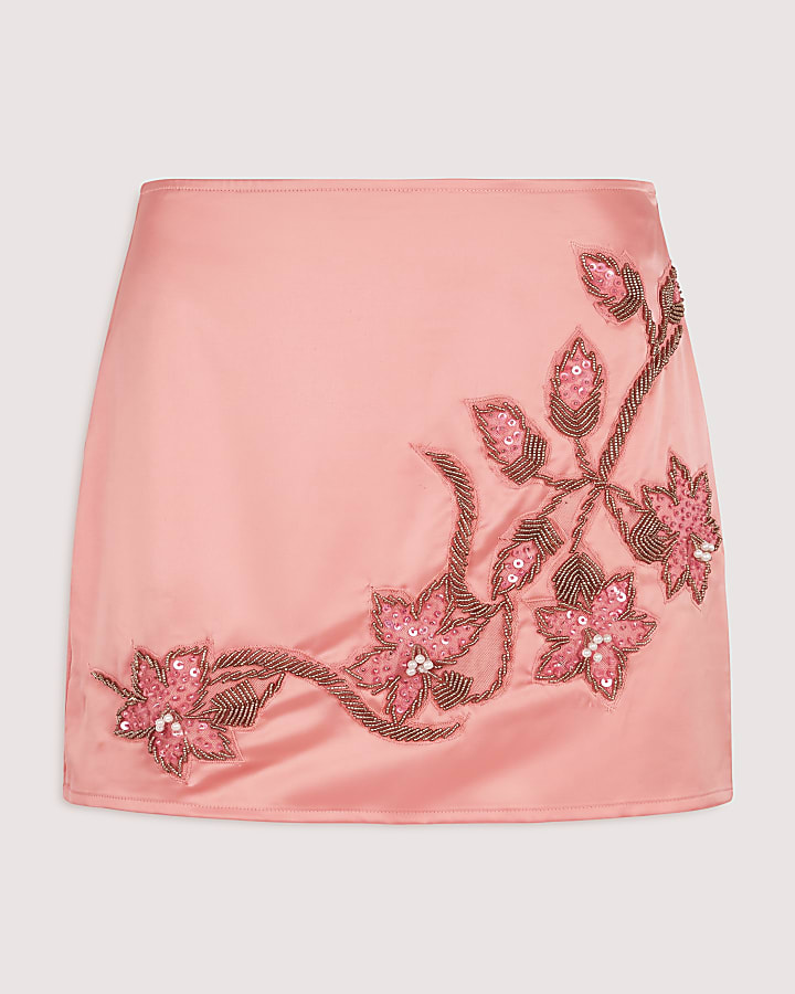 Pink Embellished Satin Mini Skirt