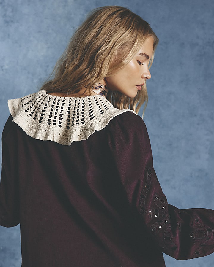 Brown Crochet Collar Corduroy Cutwork Blouse
