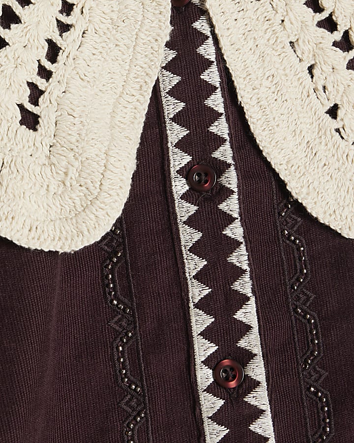 Brown Crochet Collar Corduroy Cutwork Blouse