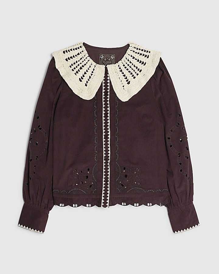 Brown Crochet Collar Corduroy Cutwork Blouse